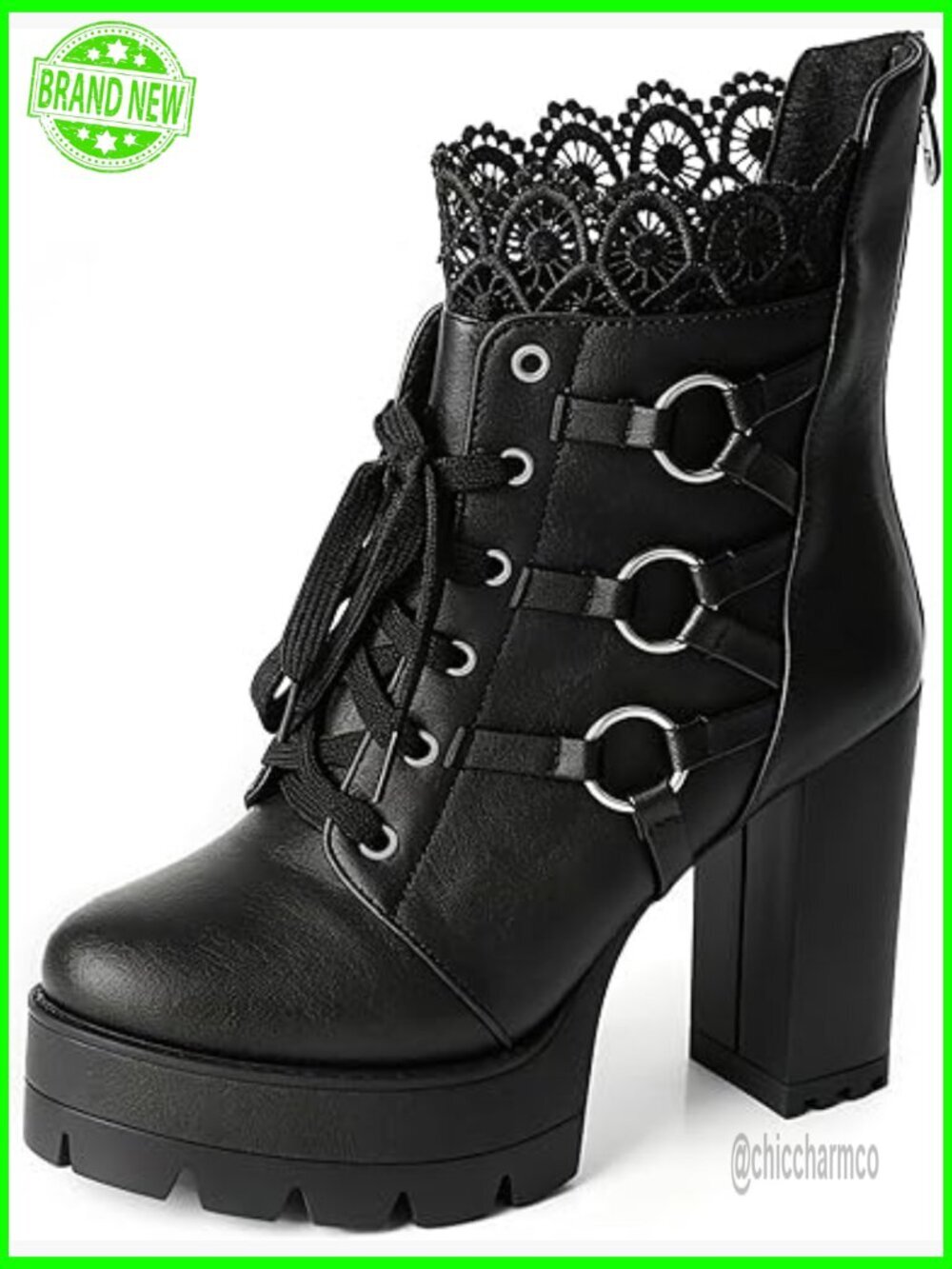Black High Heel Ankle Booties Chunky Platform Goth Lace Up Punk Shoes